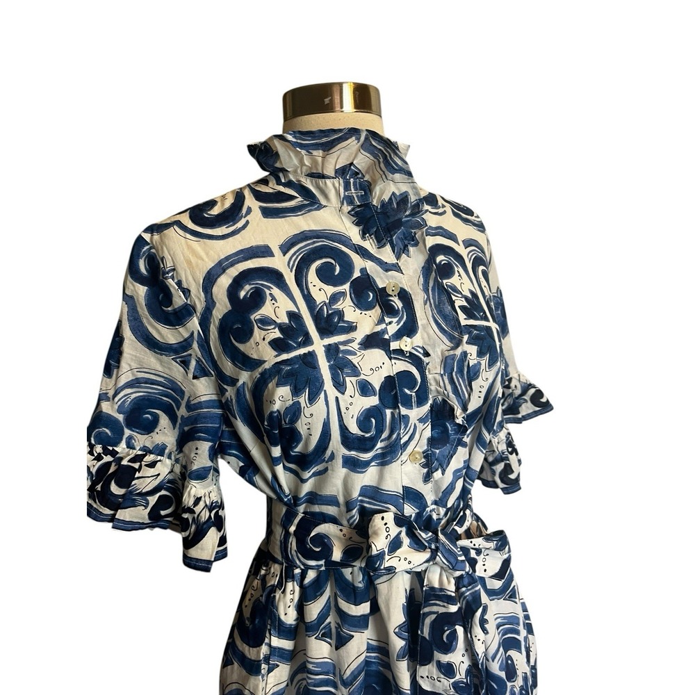 Uncle Frank Tile Pattern Dress Size Small Blue White Ruffle Collar Belted - Picture 4 of 10